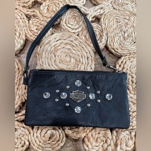 Harley Davidson Women’s Black Leather Wristlet with rhinestones and log on front